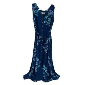 Hawaii Womens Floral Print V-Neck Sleeveless Button Front Belted Dress Blue S